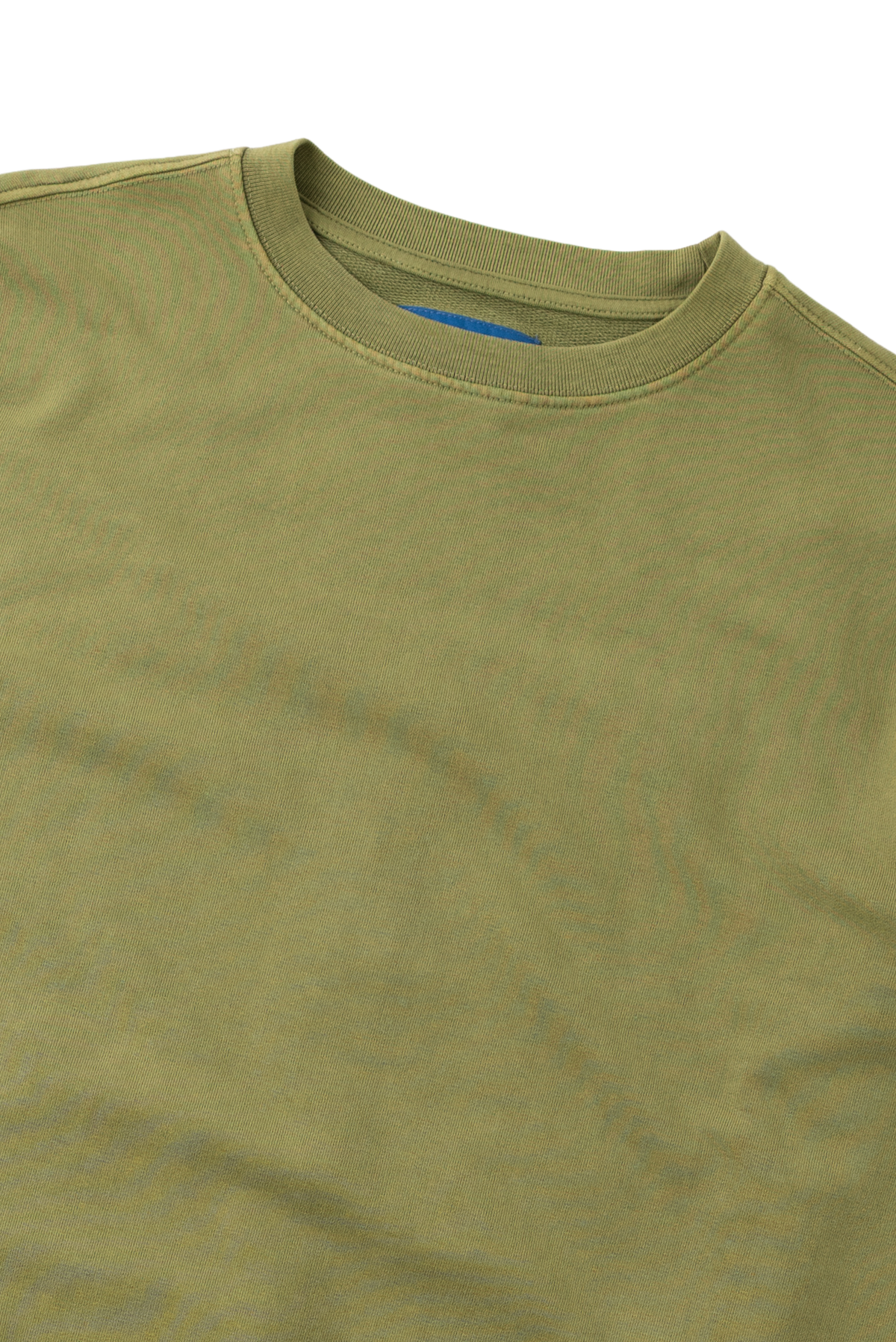 Close-up of an olive green crewneck t-shirt showing the collar and upper chest area against a white background.