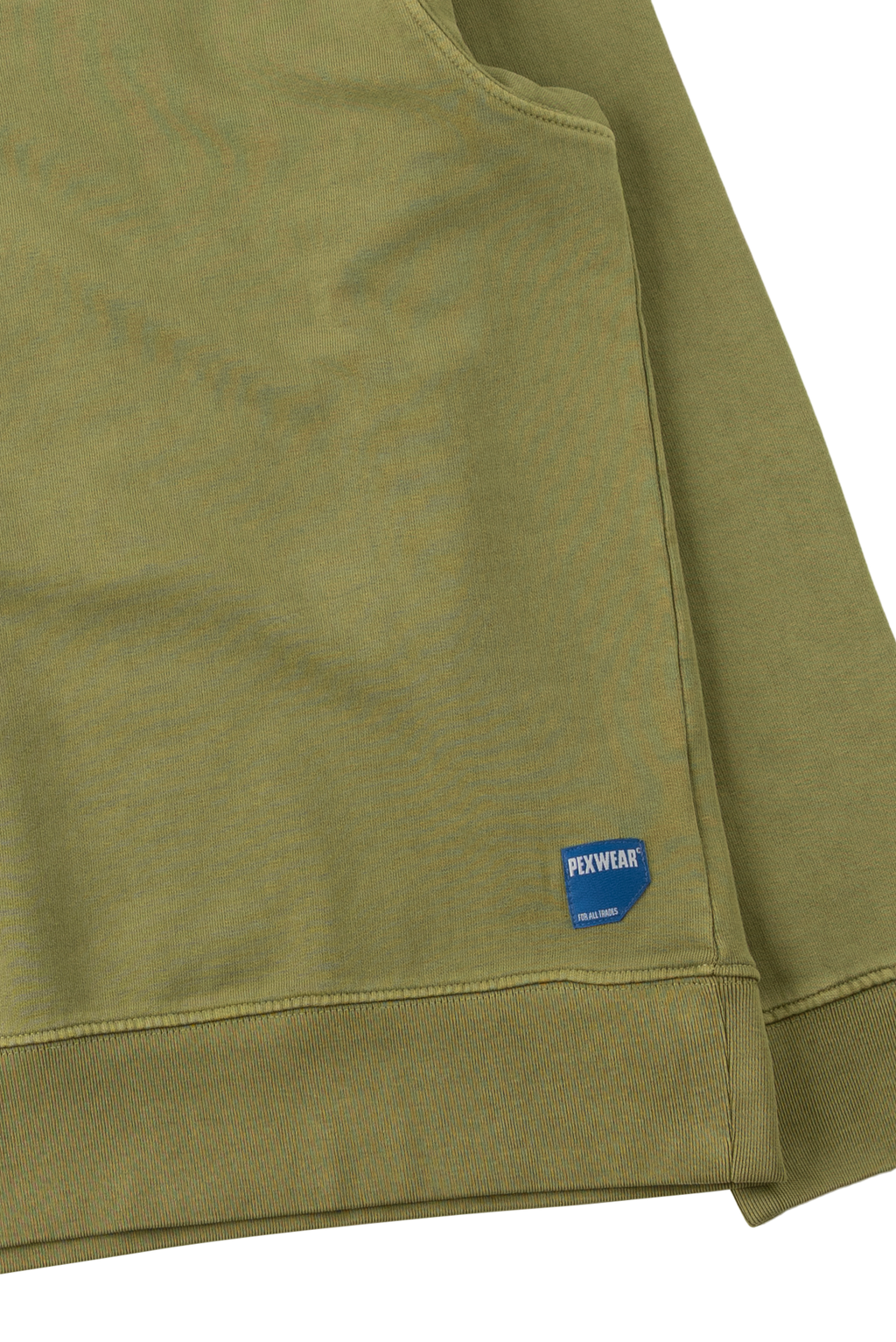 Close-up of an olive green sweatshirt sleeve with a blue PEXWEAR brand tag near the cuff, set against a plain white background.