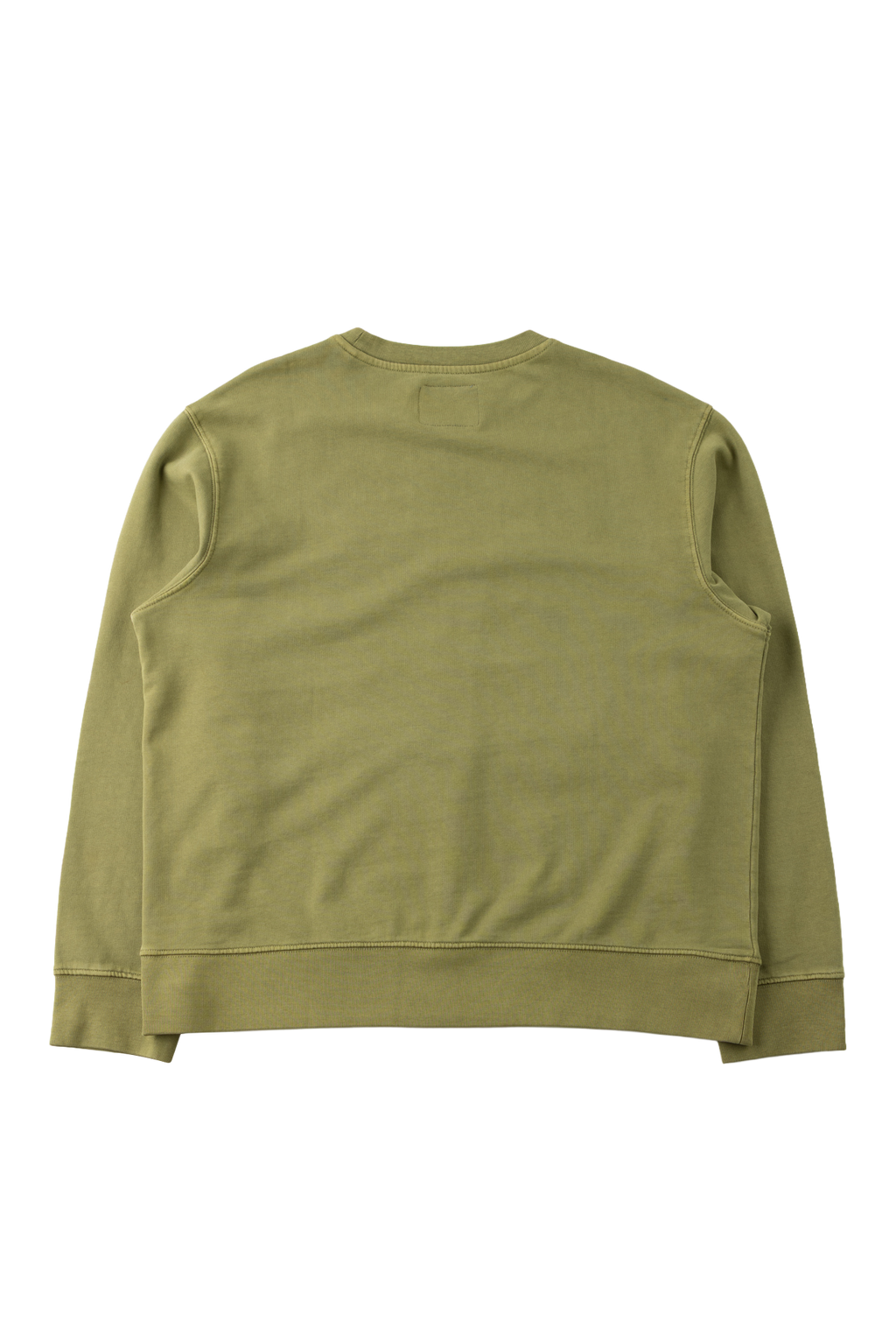 The back view of a crewneck sweatshirt in a muted olive green color, laid flat against a solid white background.