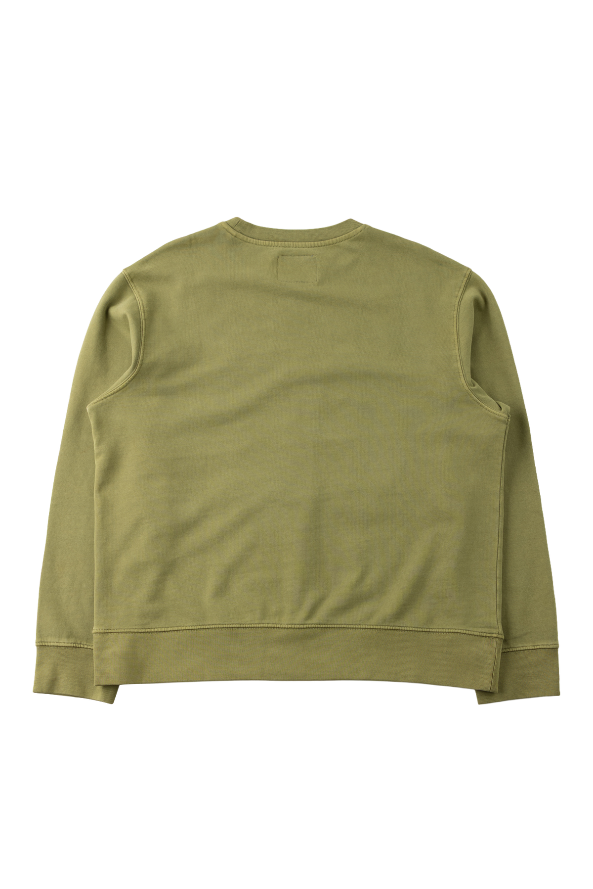 The back view of a crewneck sweatshirt in a muted olive green color, laid flat against a solid white background.