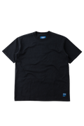 A black short-sleeve crewneck t-shirt with a small blue brand tag on the bottom right hem and a matching blue neck label, displayed flat against a white background.