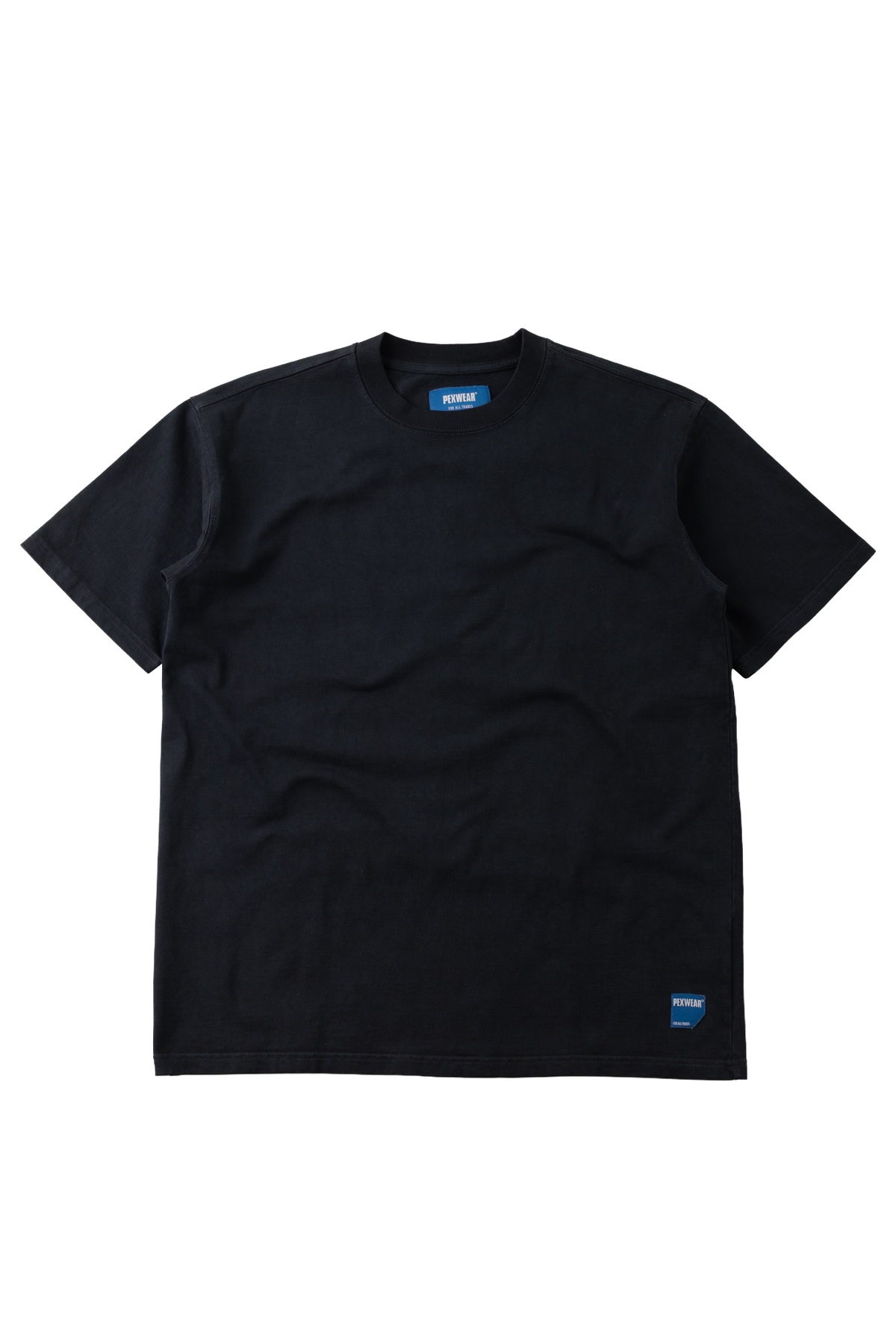 A black short-sleeve crewneck t-shirt with a small blue brand tag on the bottom right hem and a matching blue neck label, displayed flat against a white background.