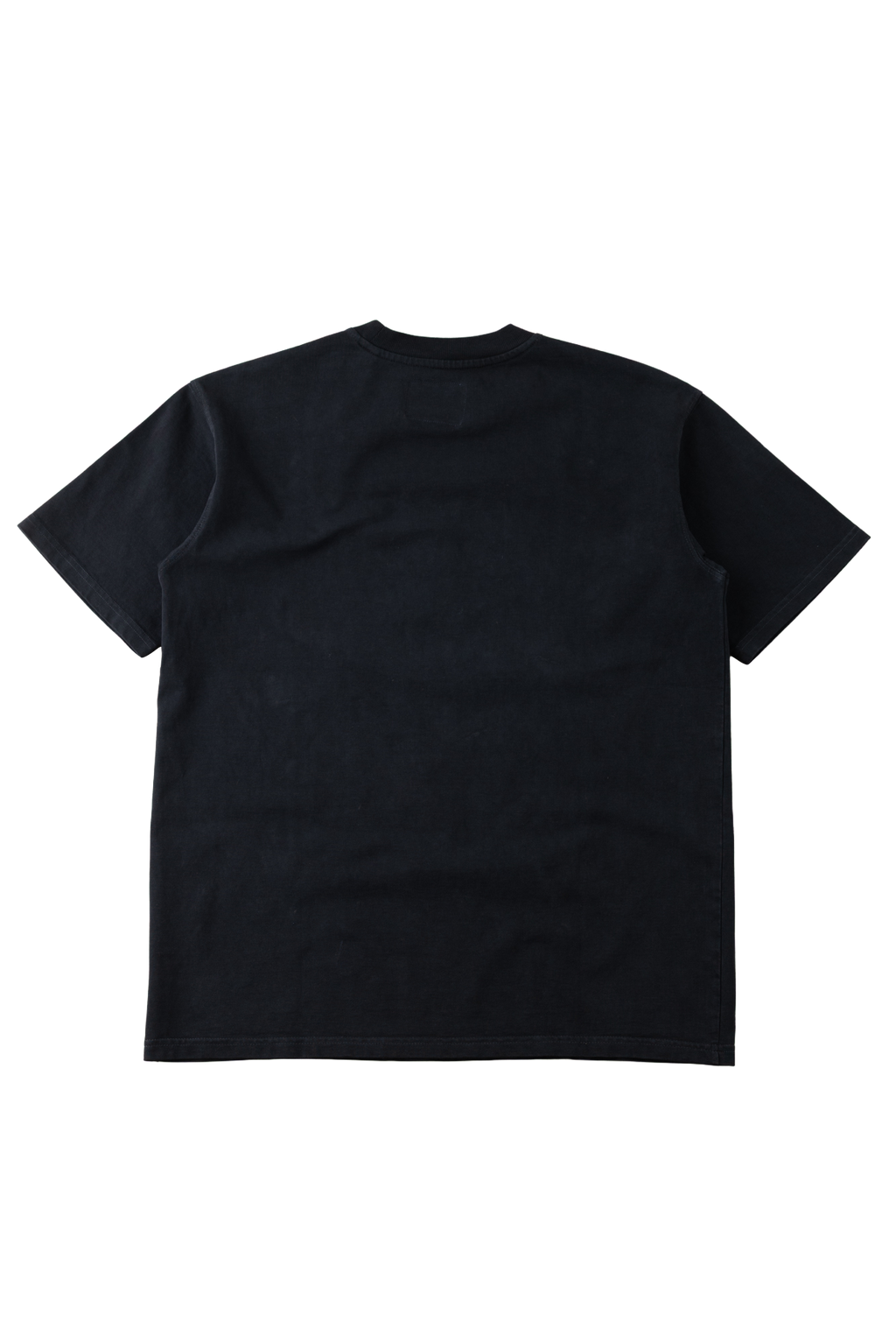 A plain black short-sleeve crewneck t-shirt shown from the back, laid flat against a solid white background.