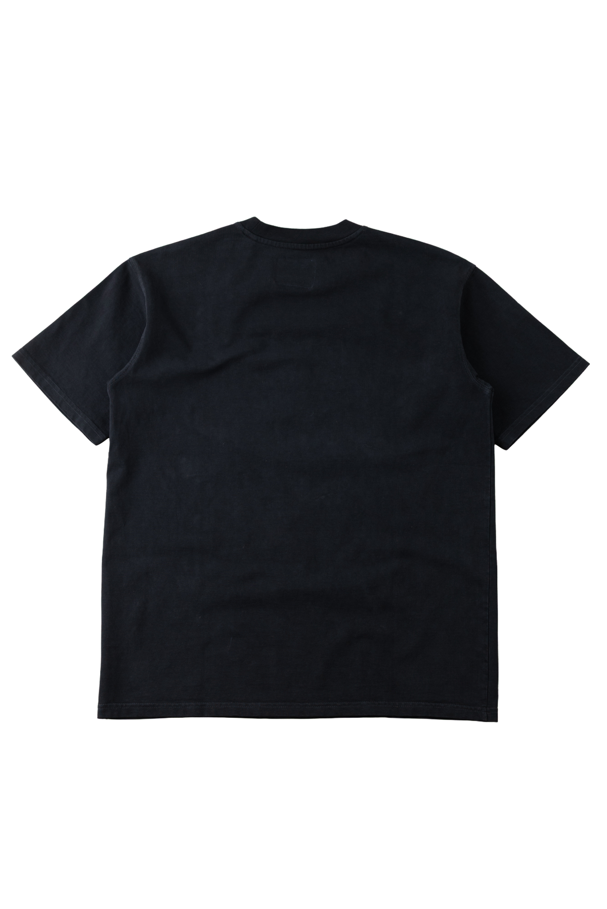 A plain black short-sleeve crewneck t-shirt shown from the back, laid flat against a solid white background.
