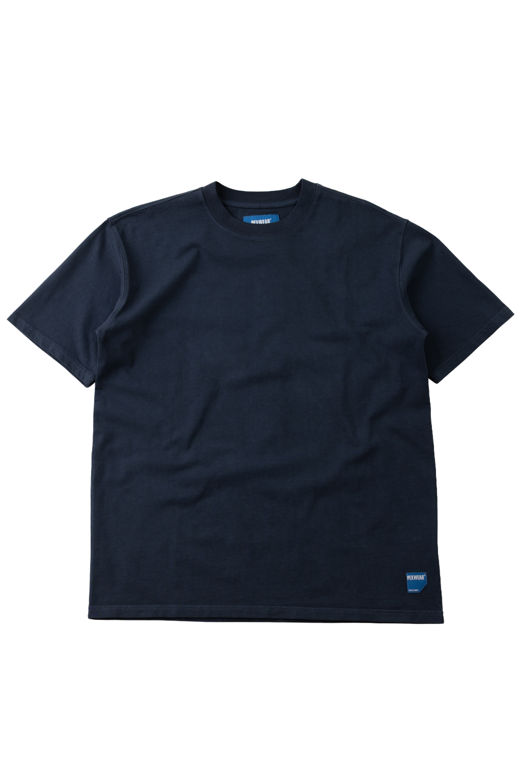 A dark navy blue short-sleeve crewneck t-shirt with a small blue brand tag on the bottom right hem, displayed flat against a white background.