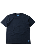 A dark navy blue short-sleeve crewneck t-shirt with a small blue brand tag on the bottom right hem, displayed flat against a white background.