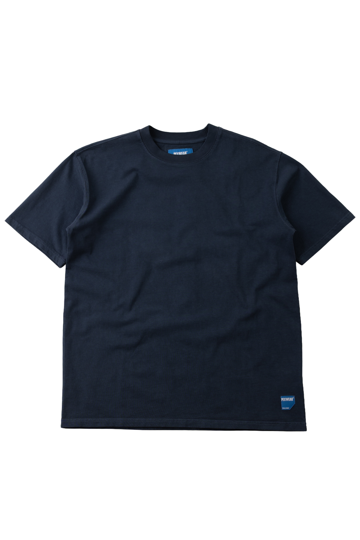 A dark navy blue short-sleeve crewneck t-shirt with a small blue brand tag on the bottom right hem, displayed flat against a white background.