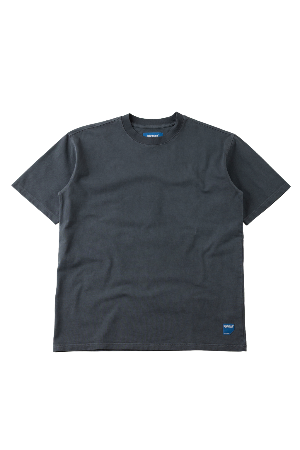 A dark charcoal gray short-sleeve crewneck t-shirt with a small blue logo patch on the bottom right hem, displayed flat against a white background.