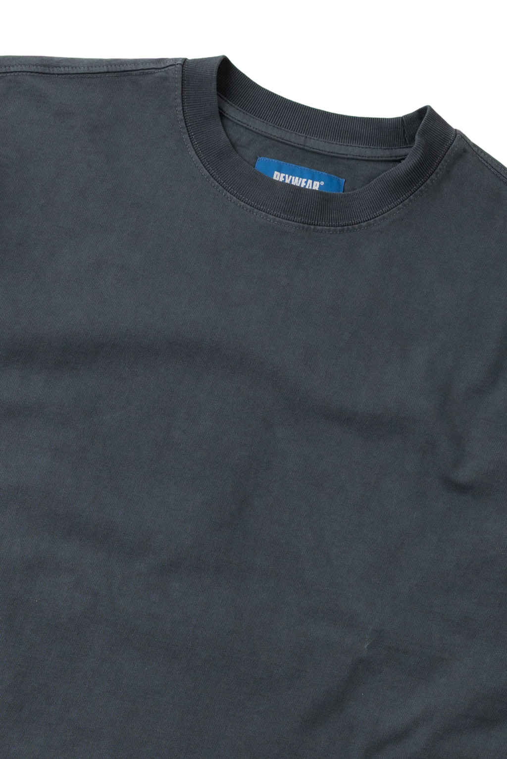 A close-up of a dark charcoal gray crewneck t-shirt, showing the inner neck label which reads 'DEYKENS'.