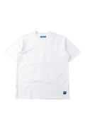 A white short-sleeve crewneck t-shirt with a small blue logo patch on the bottom right hem and a blue brand label inside the collar, shown flat on a white background.