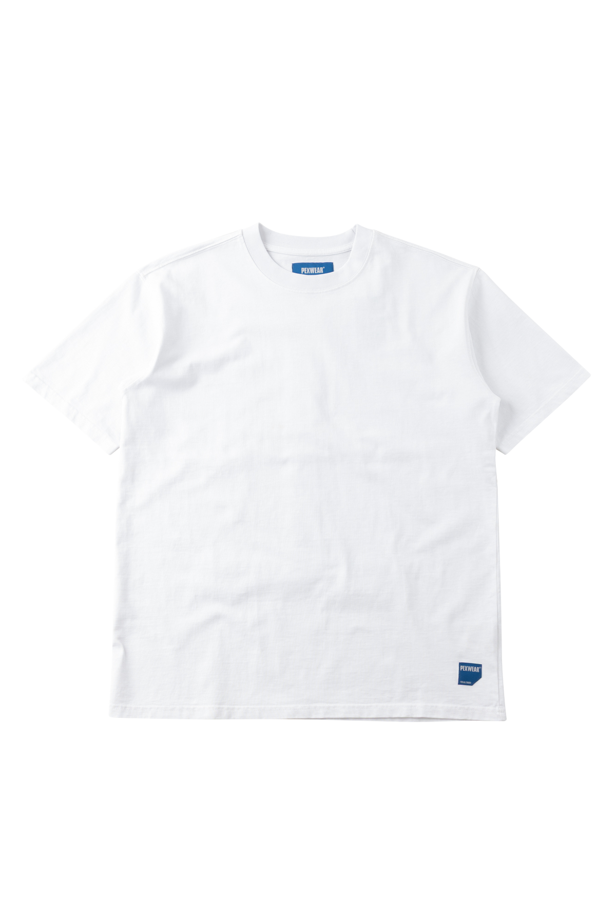 A white short-sleeve crewneck t-shirt with a small blue logo patch on the bottom right hem and a blue brand label inside the collar, shown flat on a white background.