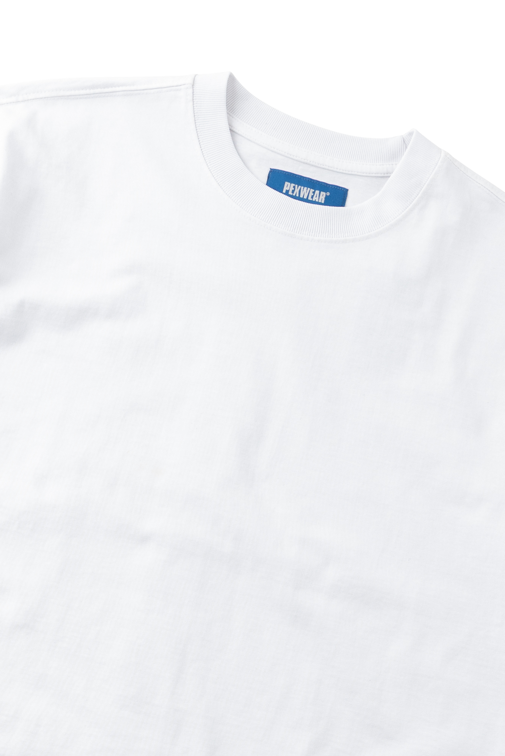 A close-up of a white crewneck t-shirt showing the inner neck label which reads 'PENWEAR' in white text on a blue background.
