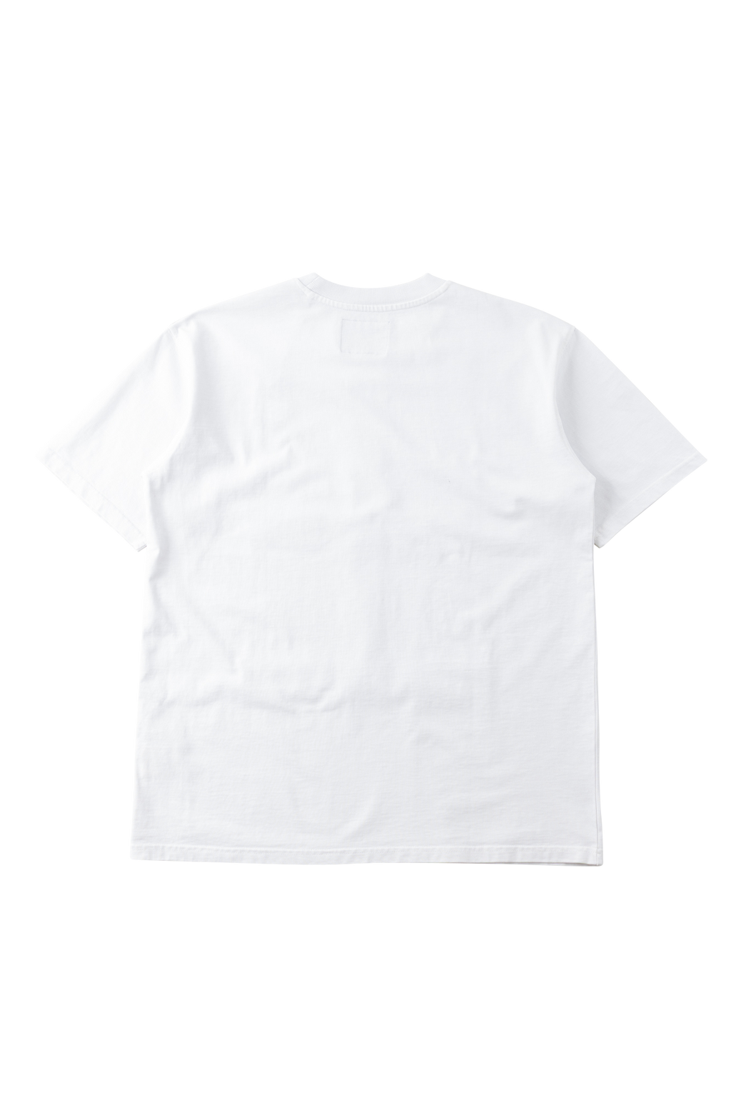 A plain white short-sleeve crewneck t-shirt shown from the back, laid flat against a solid white background.