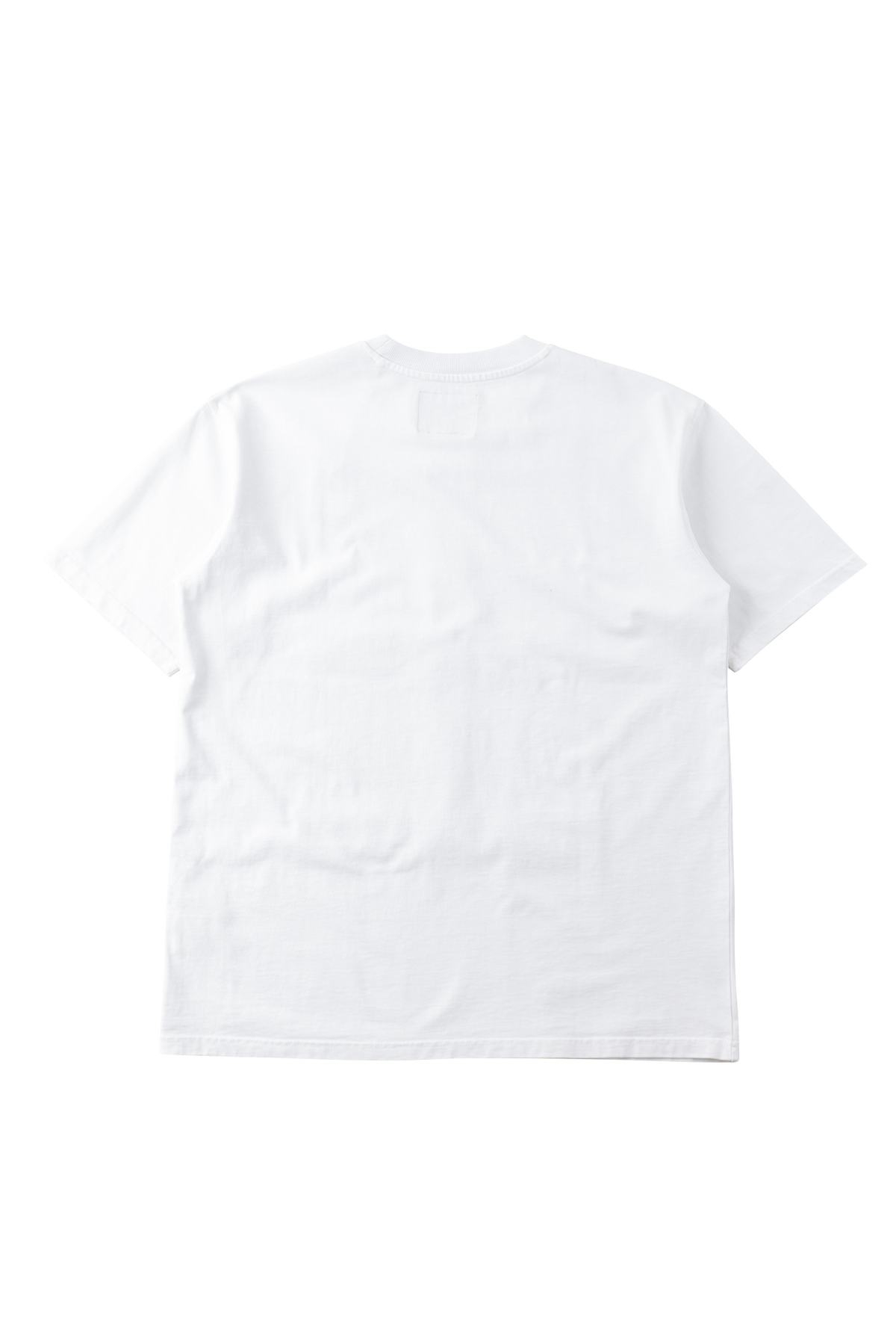 A plain white short-sleeve crewneck t-shirt shown from the back, laid flat against a solid white background.